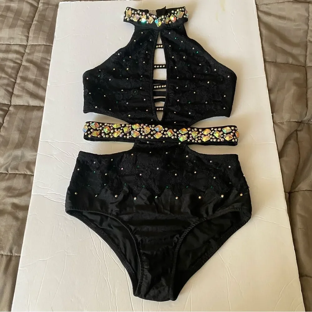 Glamour solo custom dance costume black leotard illusion MA-Medium adult